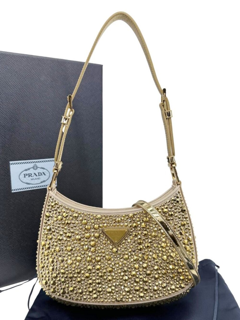 Prada Cleo Cristal Embellished Satin Shoulder Bag Gold - Picture 3 of 13